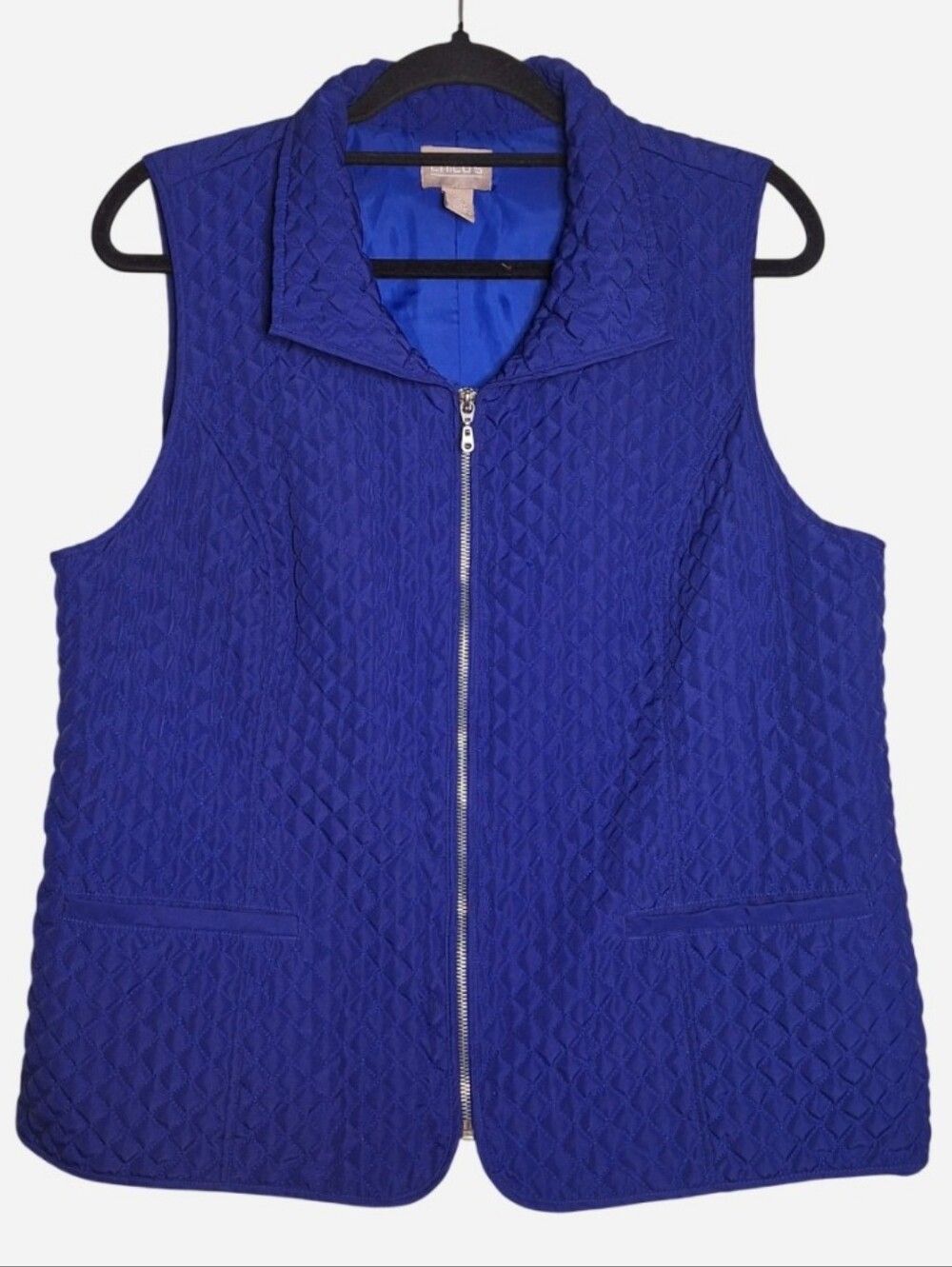 Chico's Royal Blue Quilted Sleeveless Zip Vest Pockets Mid-Length Size 2 Wmns